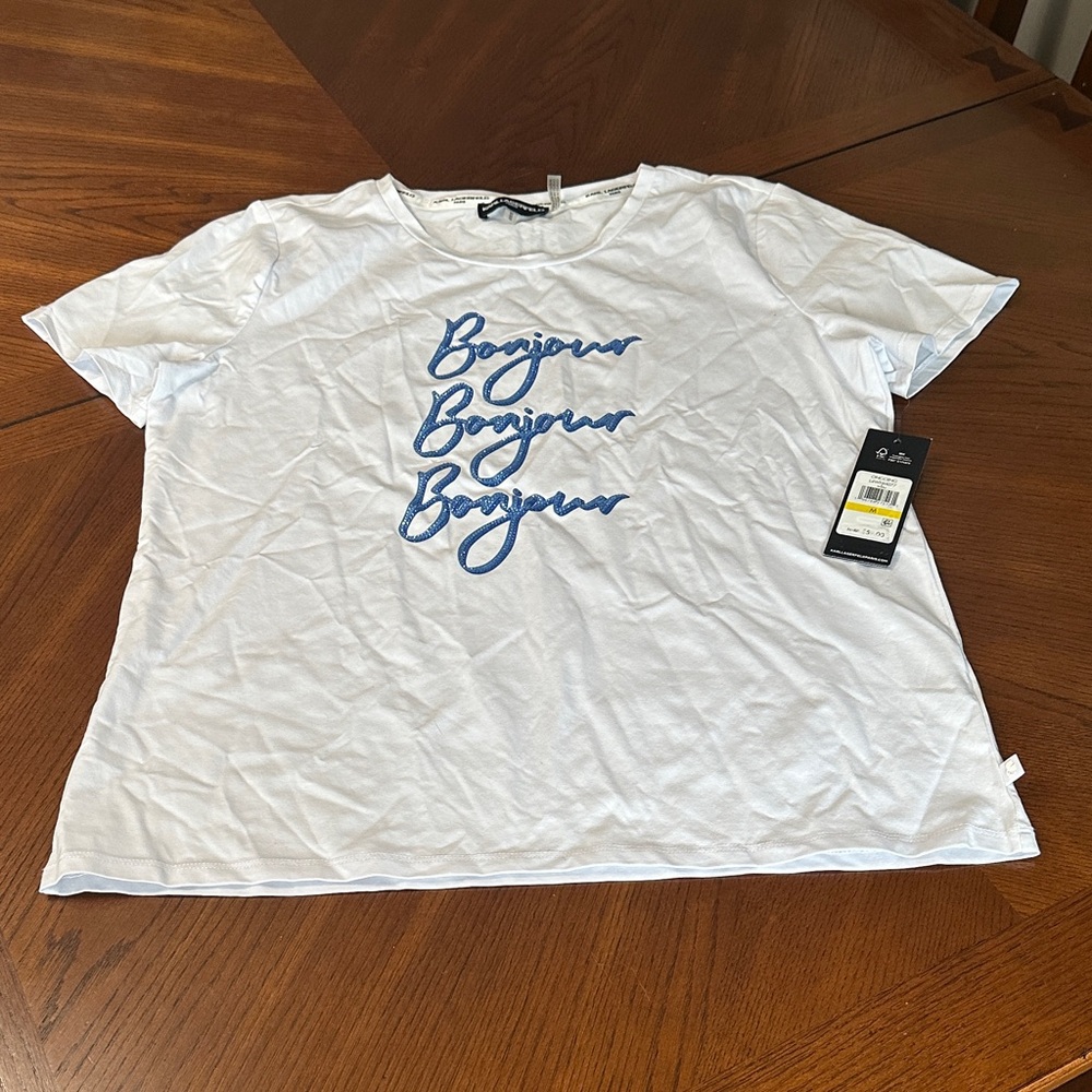 Karl Lagerfeld White Tee with Blue Bonjour Print